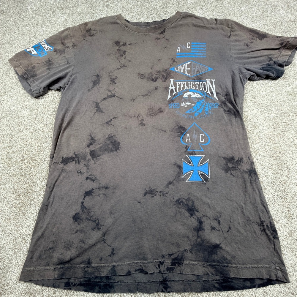 Affliction American Customs Speed Shop T-Shirt Mens Large Gray Tie Dye Skull